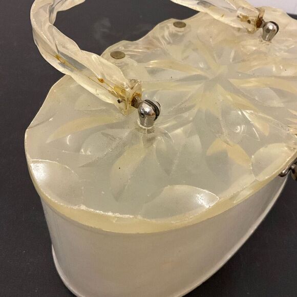 Vintage 1950s Lucite Marbleized Pearl Top Handle Purse Round Box Makeup Containe - Picture 5 of 14